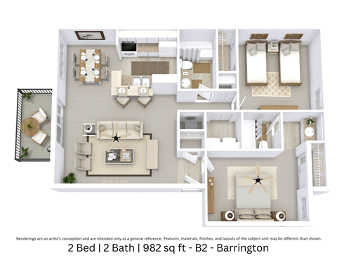 Floor plan for 2 beds, 2 baths, 982 sqft